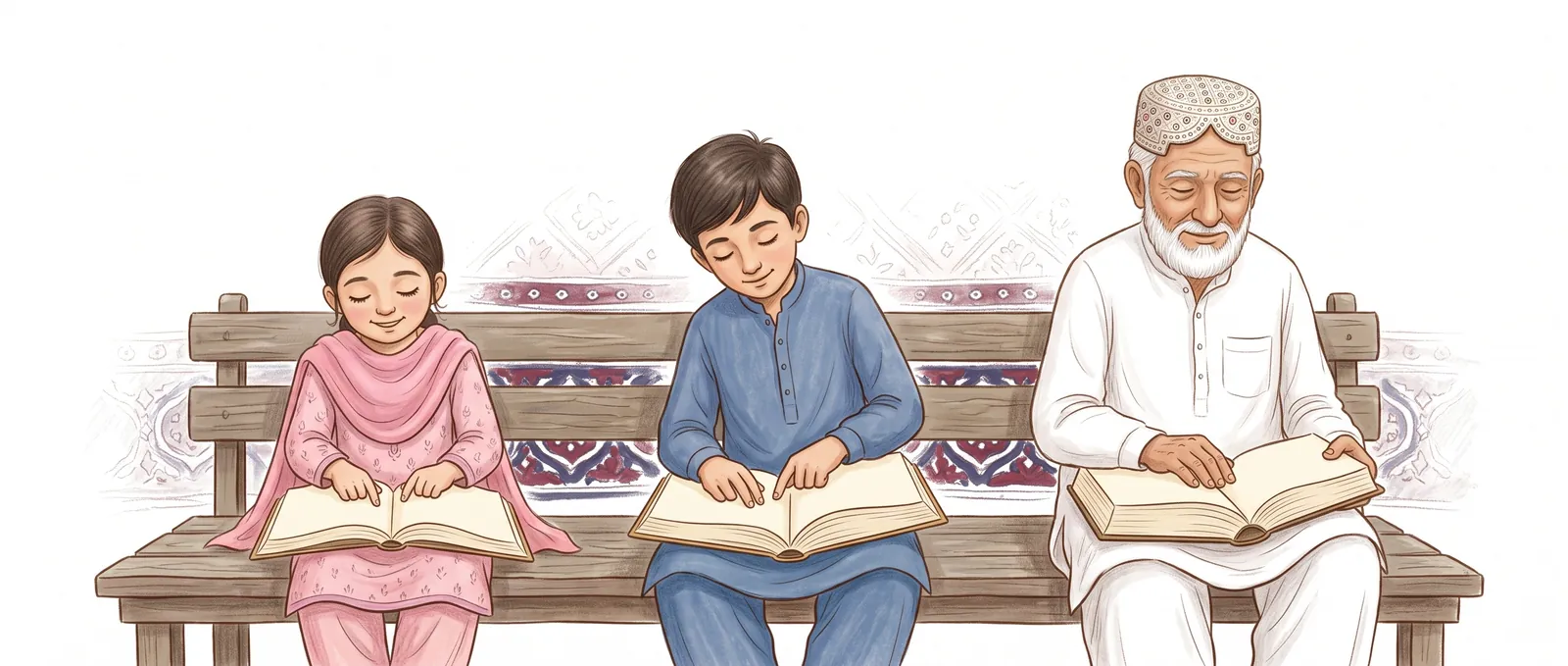 A girl, a boy and an old man sit on a bench, each reading a braille book by touch