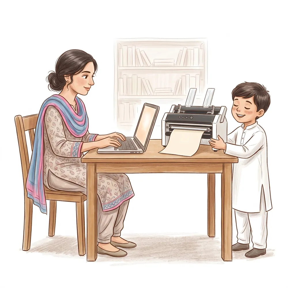 A teacher types at a laptop beside a braille printer while a boy takes the embossed sheet