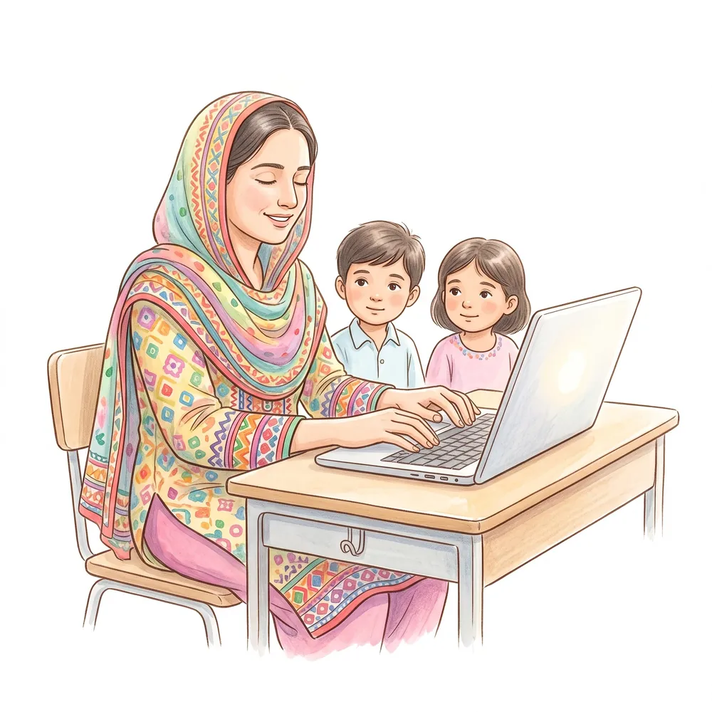 A blind teacher types Sindhi text on a laptop while two pupils watch